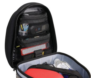 Photo of Hurricane Dual Sport Tail Bag (SE-4012) on white background open, showing contents
